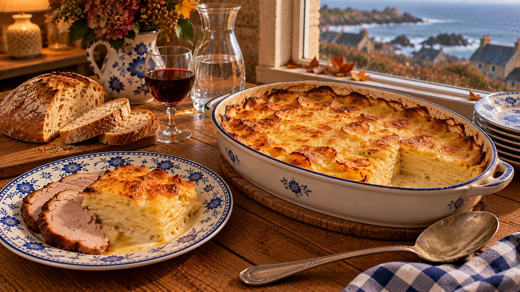 Gratin dauphinois à la croûte blonde caramélisée sur les bords, une part découpée montrant les fines couches fondantes, servie sur une assiette en faïence bleue avec du rôti de porc