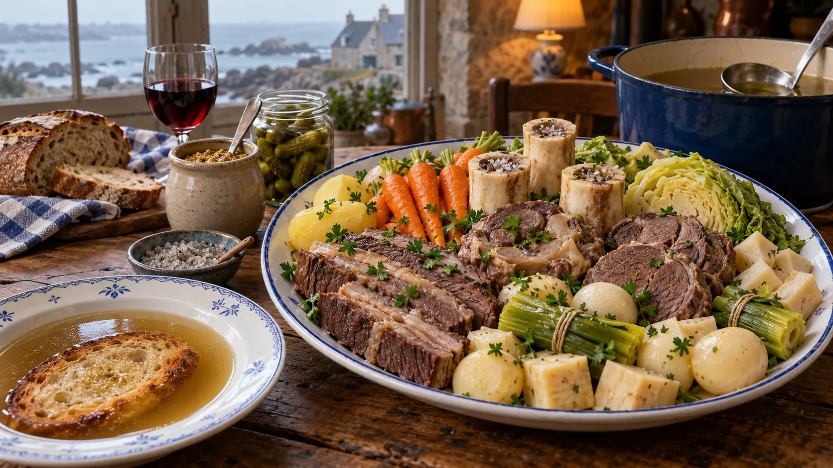 Plat de pot-au-feu aux trois viandes tranchées, carottes, navets, poireaux ficelés, chou, céleri, pommes de terre et os à moelle debout, assiette de bouillon sur pain grillé, moutarde, cornichons et gros sel