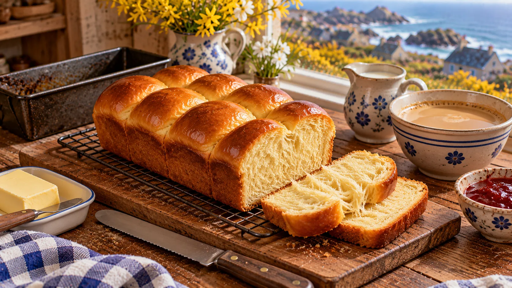 Brioche Nanterre dorée démoulée sur une grille, dômes soudés en deux rangées, deux tranches coupées montrant la mie filante, beurre, confiture et café au lait