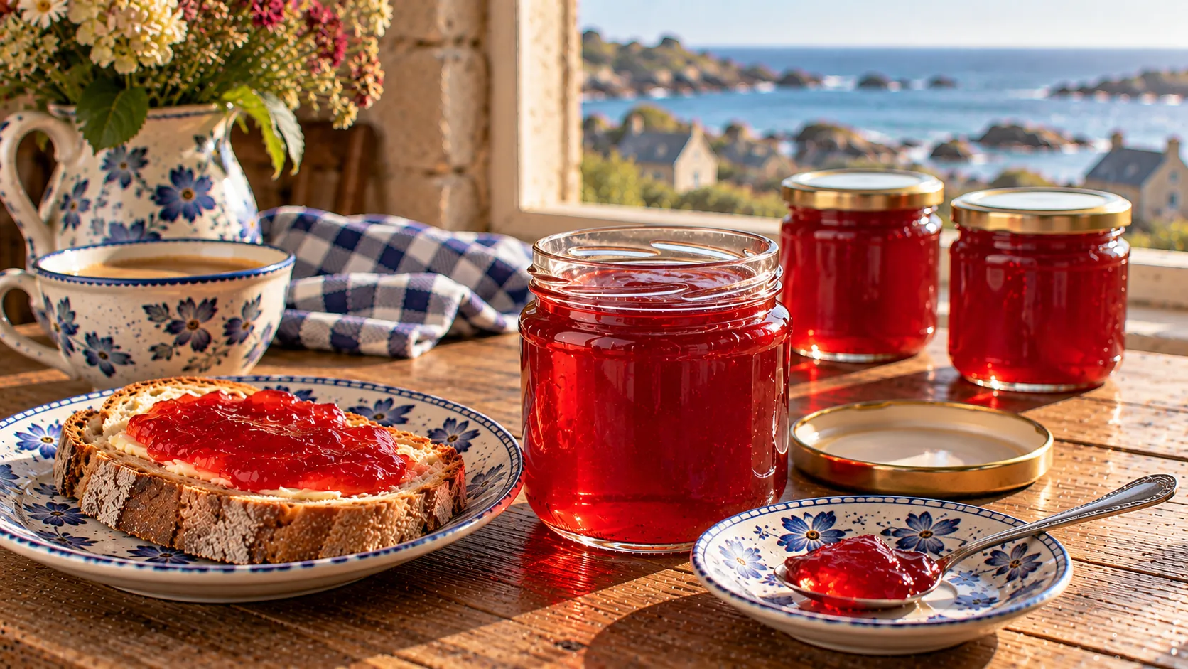 Pot ouvert de gelée de groseilles rouge rubis limpide traversée par la lumière, cuillerée de gelée ferme sur une soucoupe en faïence bleue, tartine et deux pots fermés