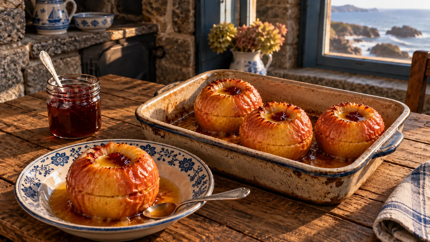 Trois pommes au four dorées et plissées dans leur plat en grès, le cœur garni de gelée rouge, la quatrième servie dans une assiette creuse en faïence bleue et blanche avec son sirop