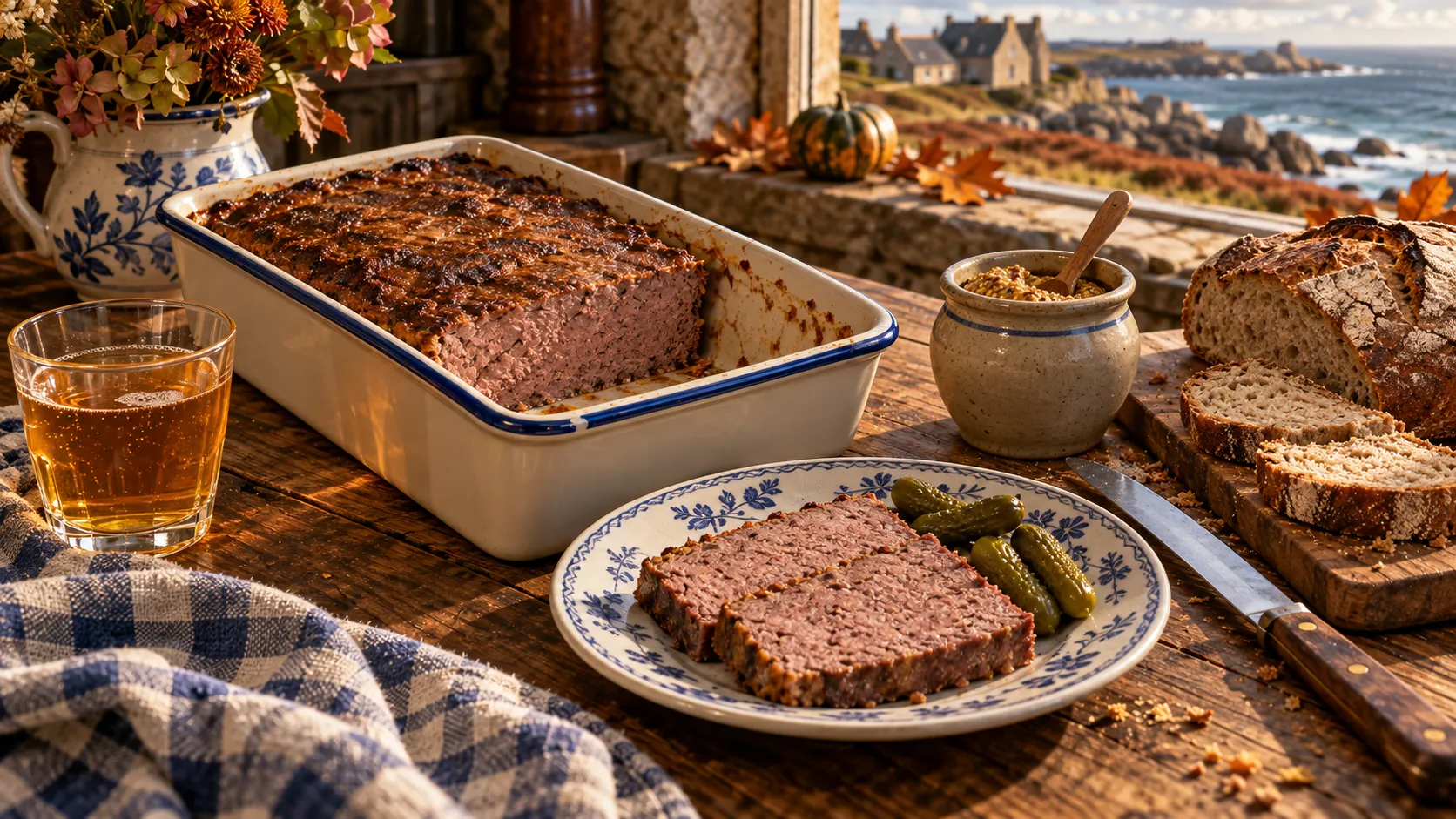 Terrine de pâté de campagne entamée au dessus bruni, deux tranches denses sur une assiette en faïence bleue avec des cornichons, pain de campagne, moutarde et verre de cidre