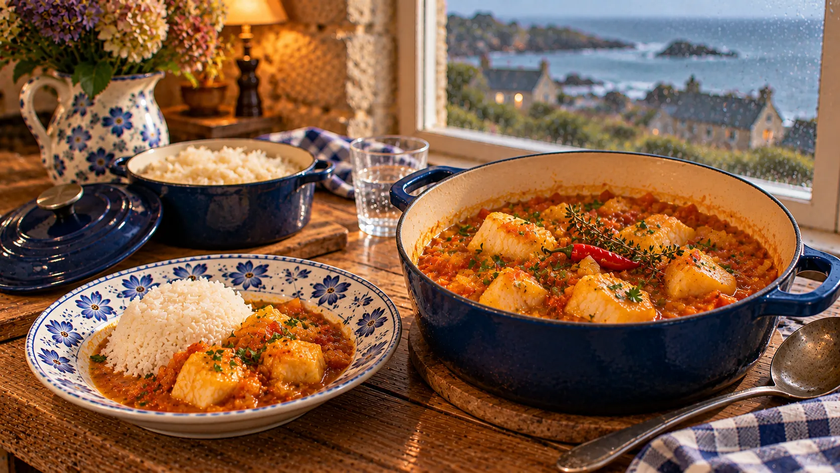 Cocotte de carry de poisson, cubes de poisson dans une sauce orangée au curcuma avec thym et piment, assiette de riz blanc et de poisson nappé de sauce, cocotte de riz ouverte