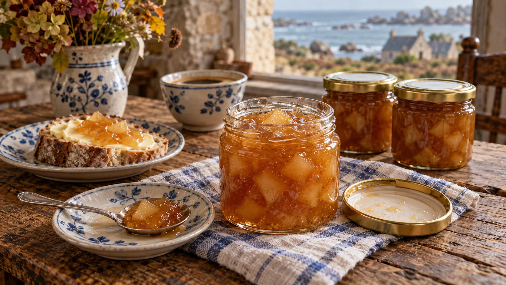 Pot ouvert de confiture de poires ambrée aux reflets rosés et aux morceaux translucides, couvercle retourné, cuillère sur une soucoupe, tartine et deux pots fermés sur un torchon à carreaux bleus
