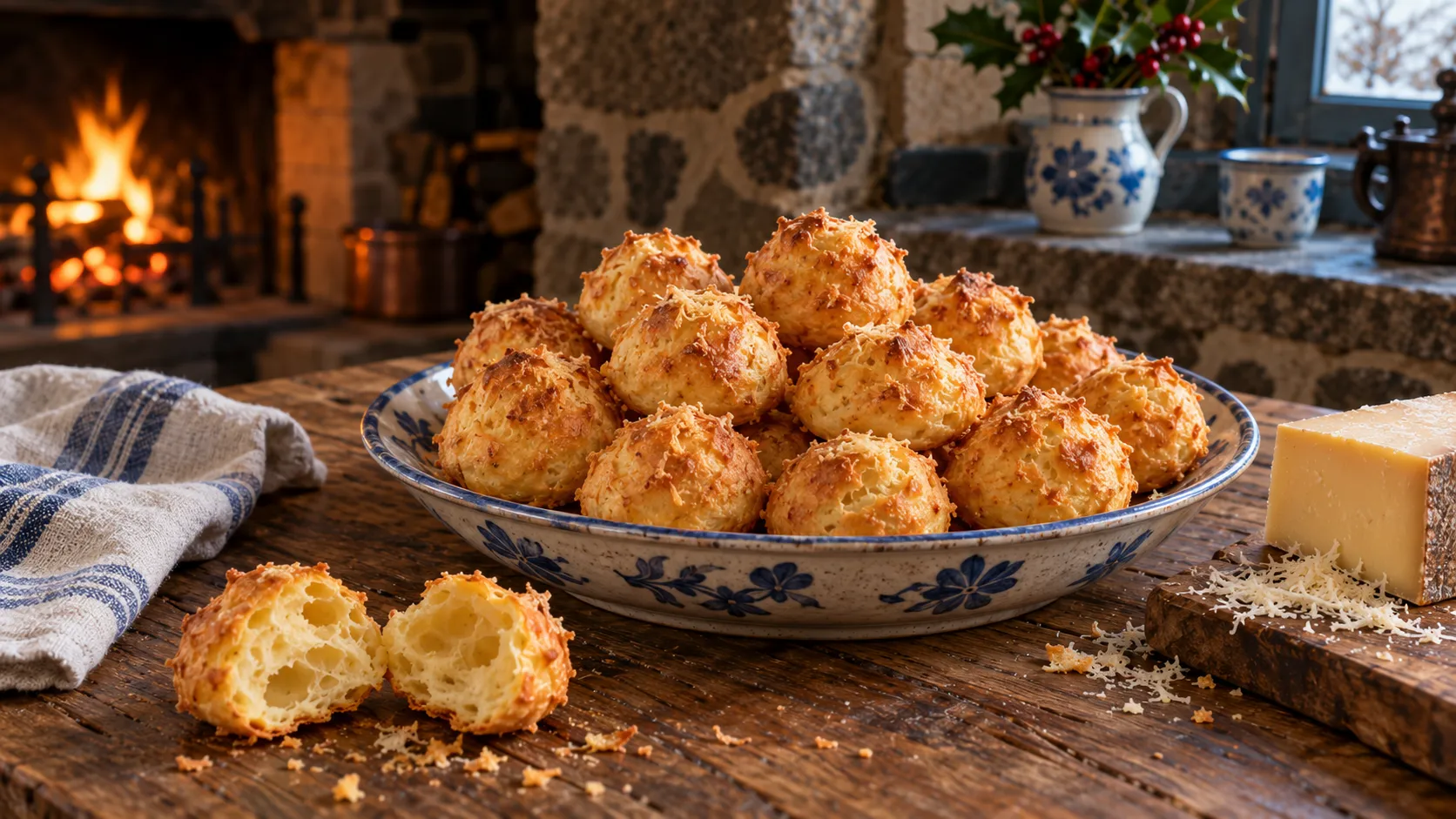 Gougères au fromage dorées et gonflées dans un plat en faïence bleue et blanche, une gougère ouverte en deux montrant sa mie alvéolée, morceau de comté, feu dans la cheminée au fond