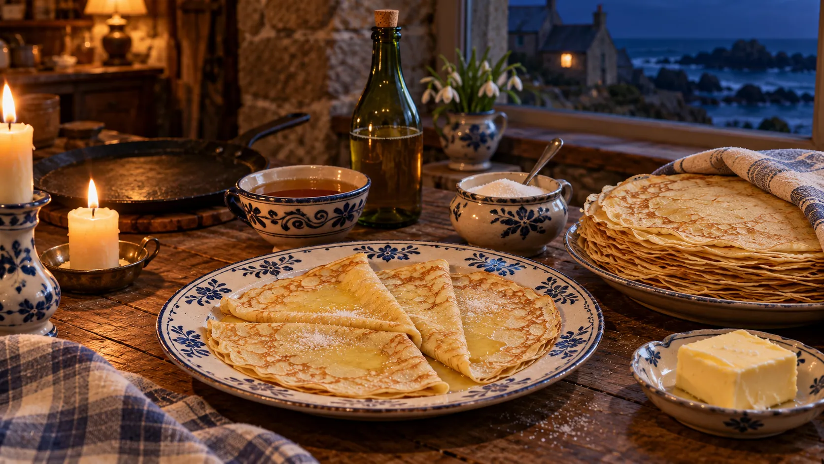 Quatre crêpes fines pliées en quatre, nappées de beurre demi-sel et de sucre sur une assiette en faïence bleue, pile de crêpes, beurrier, sucrier, bolée de cidre et bougies