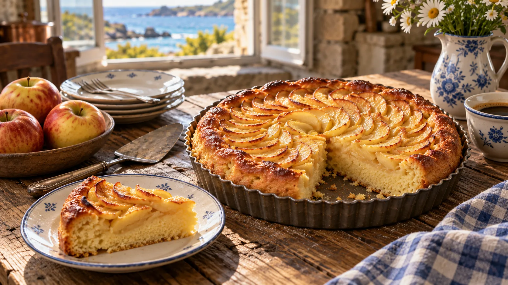 Tarte aux pommes paysanne dans son moule, rosace de pommes dorées sur une pâte gonflée comme un gâteau, une part sur une assiette montrant la base épaisse et moelleuse
