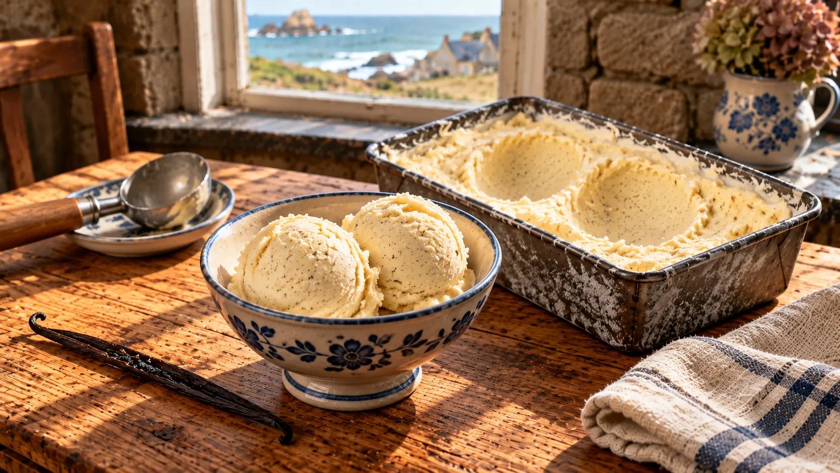 Deux boules de glace à la vanille piquetées de grains noirs dans une coupe en faïence bleue et blanche, bac de glace entamé, cuillère à glace et gousse de vanille