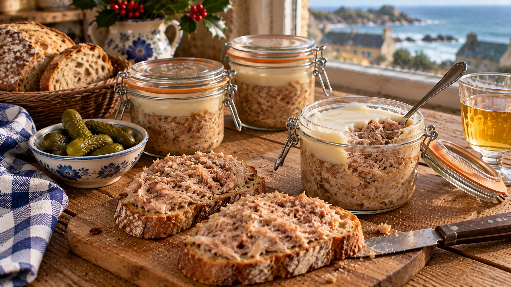 Pot de rillettes de lapin ouvert sous sa couche de graisse blanche entamée, deux pots fermés, tartines de pain de campagne aux rillettes filandreuses, cornichons et verre de cidre