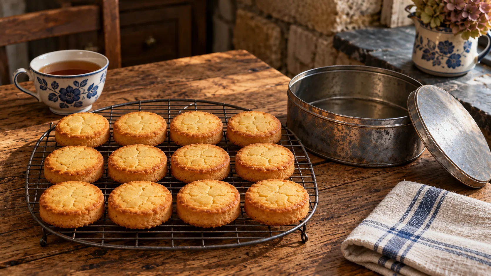 Douze palets bretons épais et dorés, au dessus craquelé, rangés sur une grille à pâtisserie, boîte en fer ouverte et tasse de thé en faïence bleue et blanche à côté