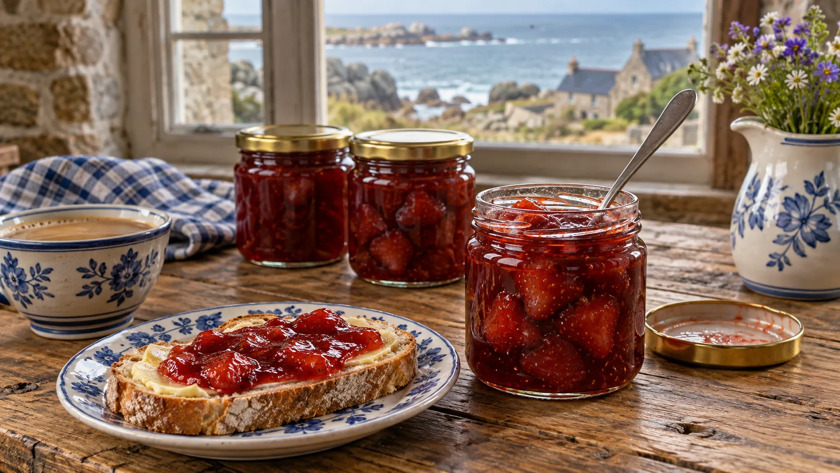 Pot ouvert de confiture de fraises rouge sombre aux fruits entiers, cuillère plongée dedans, couvercle retourné à côté, tartine beurrée et deux pots fermés sur une table en bois