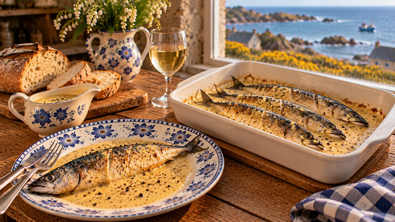 Plat de maquereaux cuits nappés d'une sauce crémeuse jaune pâle piquée de poivre concassé, un maquereau servi sur une assiette en faïence bleue, saucière, pain de campagne et vin blanc