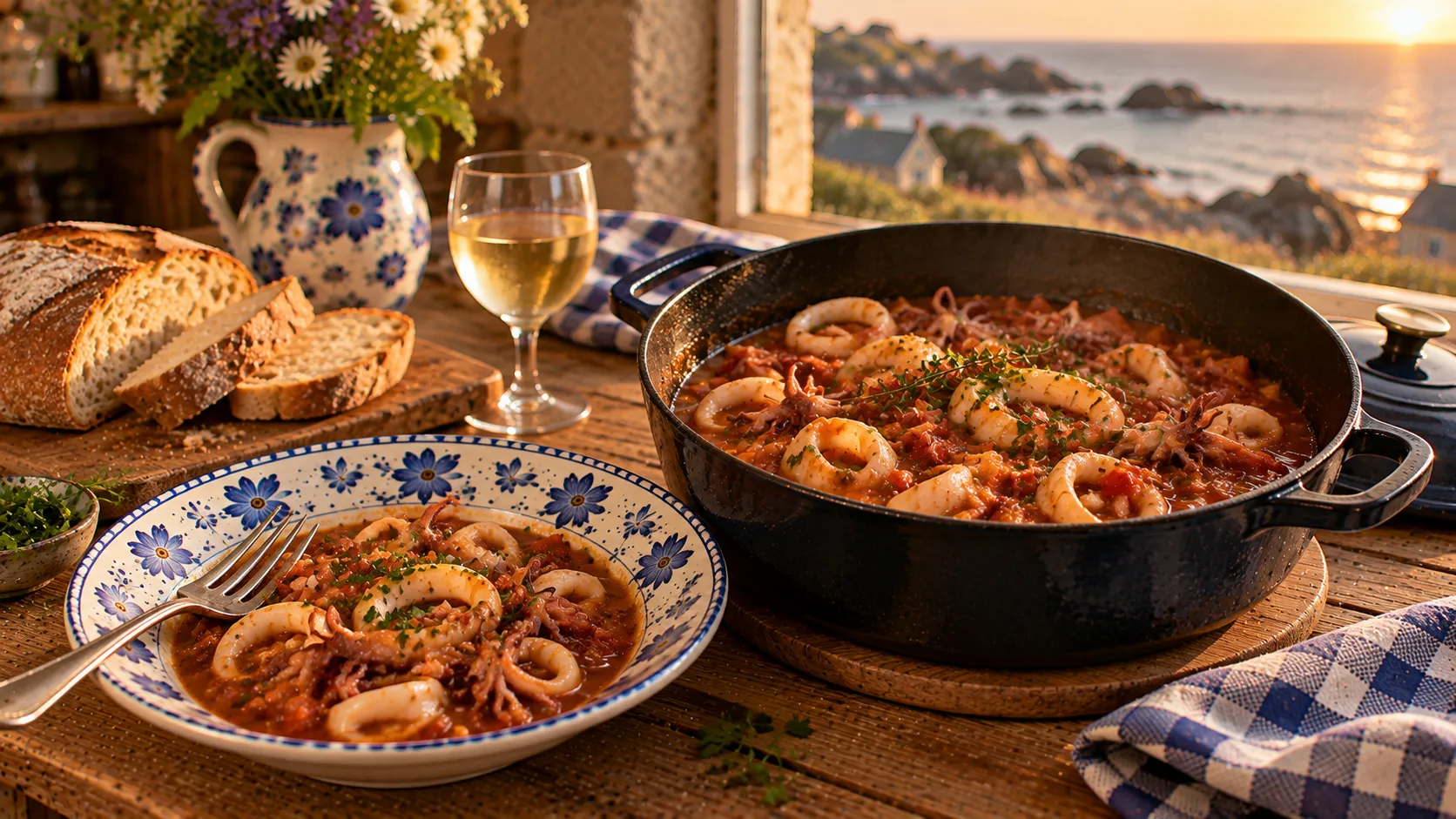 Cocotte en fonte d'anneaux de chipirons et de tentacules dans une sauce épaisse à la tomate et au hachis de jambon, assiette servie, pain de campagne et verre de vin blanc