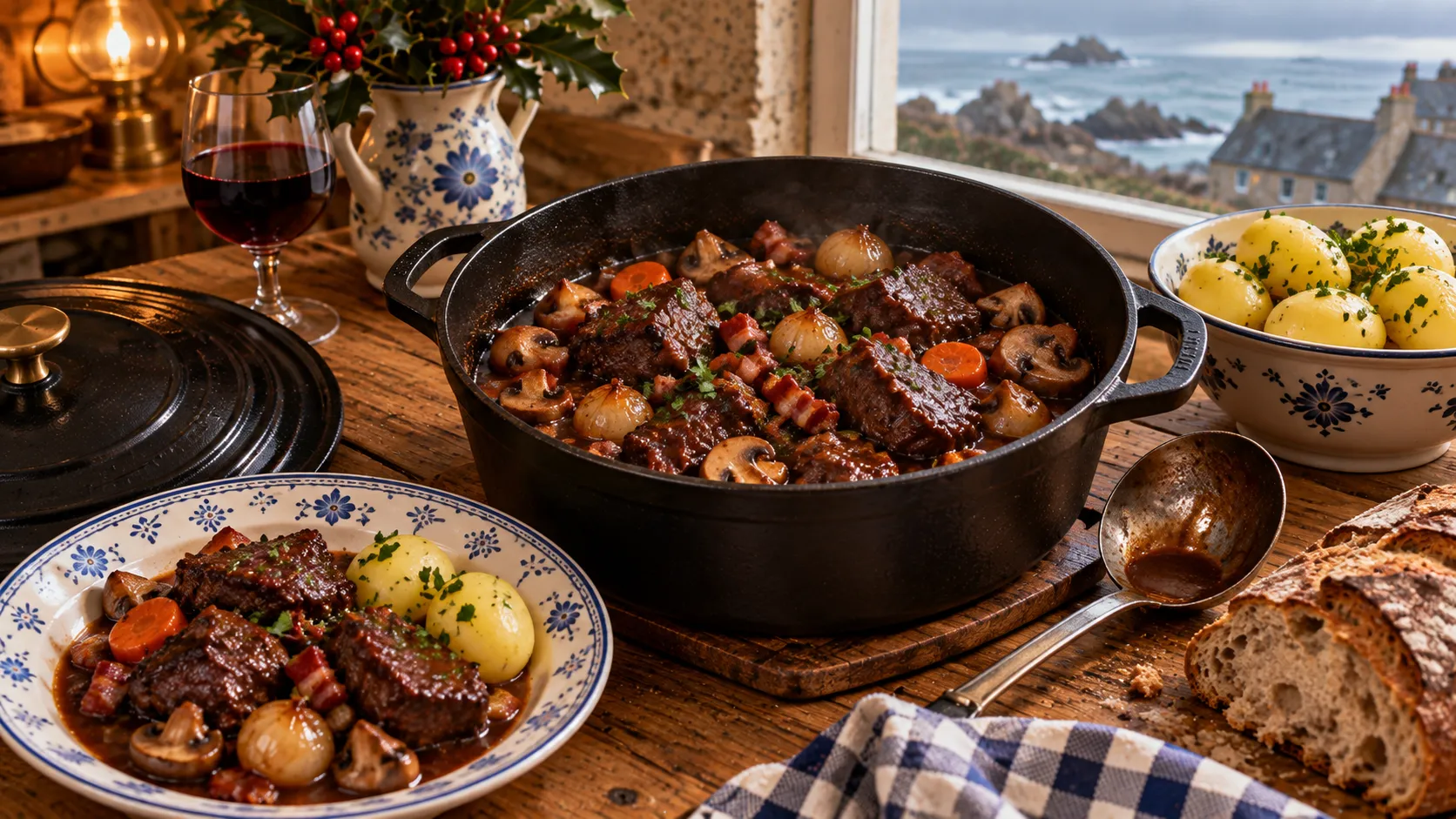Cocotte de bœuf bourguignon aux cubes nappés d'une sauce brune brillante, oignons grelots glacés, champignons, lardons et persil, assiette servie avec pommes de terre vapeur, pain et verre de vin rouge