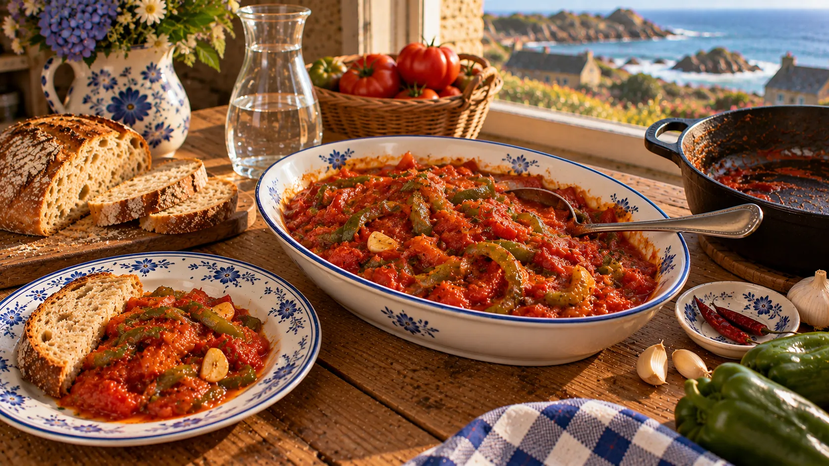 Plat de frita, compotée épaisse de tomates aux lamelles de poivron vert et à l'ail doré, assiette servie avec du pain de campagne, piments retirés sur une soucoupe