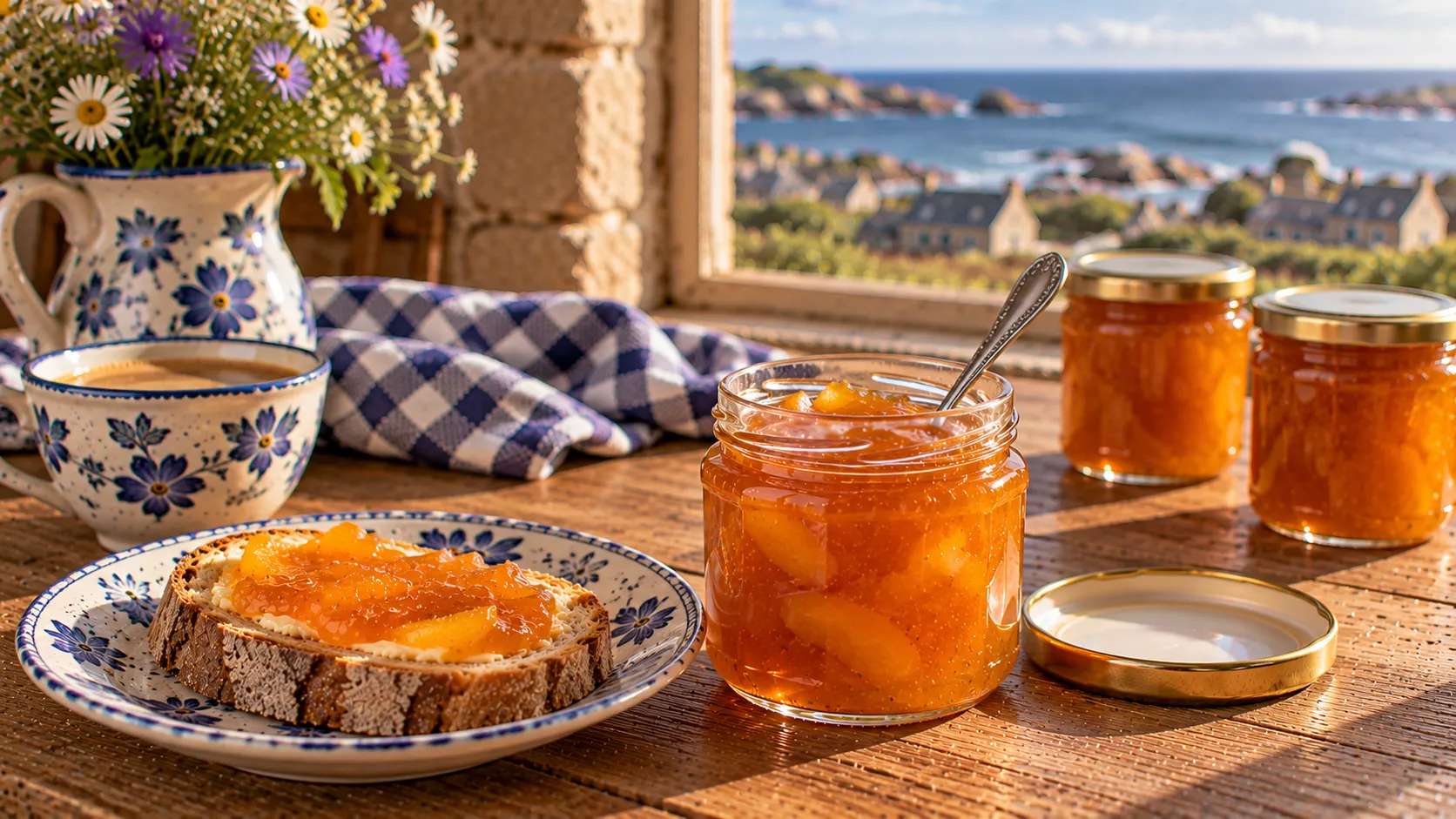Pot ouvert de confiture de pêches orange ambré aux morceaux fondants, cuillère plongée dedans, couvercle retourné, tartine beurrée et deux pots fermés sur une table en bois