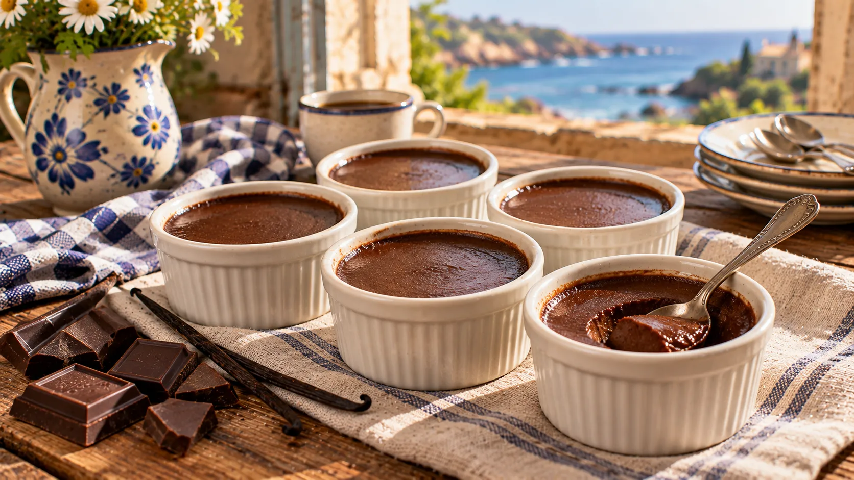 Cinq ramequins blancs de crème au chocolat lisse et sombre sur un torchon de lin, l'un entamé à la petite cuillère montrant une texture dense, chocolat noir cassé et gousse de vanille à côté