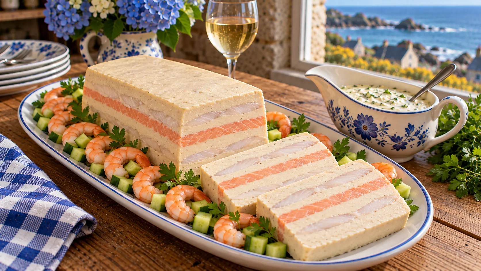 Terrine de poisson démoulée sur un plat long, tranches montrant des couches de sole et de saumon dans une farce blanche, dés de concombre et crevettes roses autour, saucière de crème aux herbes