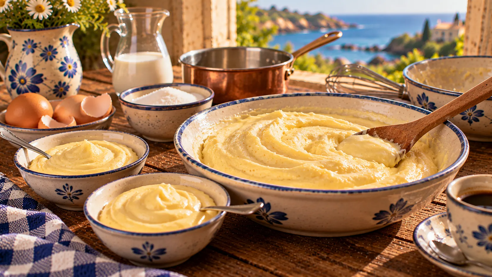 Crème pâtissière allégée aux blancs en neige, jaune pâle et lisse, dans un grand plat en faïence à liseré bleu creusé d'un sillon par une cuillère en bois, deux coupelles de crème devant
