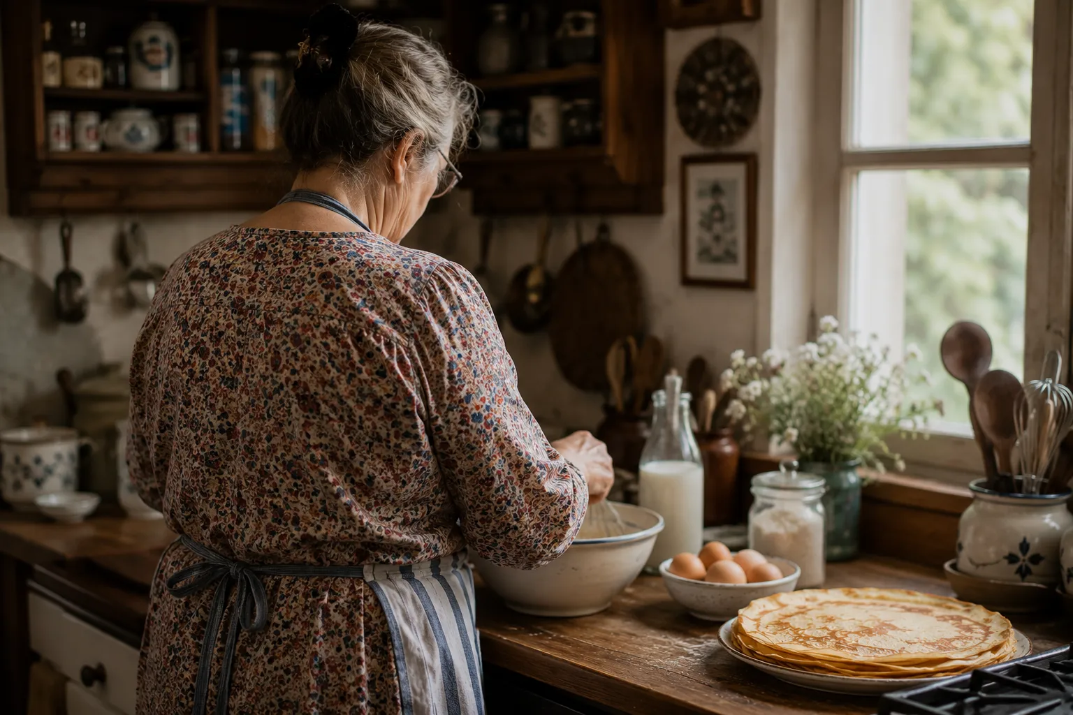Une grand-mère de dos préparant la pâte à crêpes dans sa cuisine ancienne, avec bol, fouet, œufs, lait, pile de crêpes prêtes et bouquet de fleurs