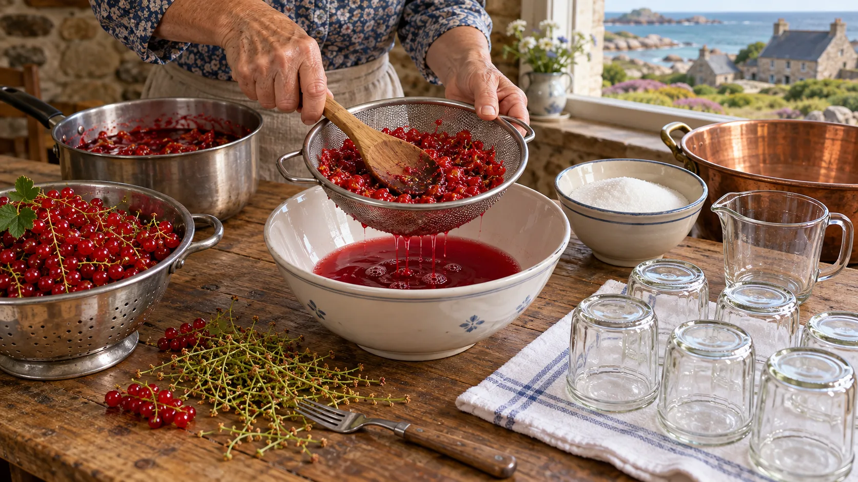 Mains pressant à la cuillère en bois des groseilles cuites dans un tamis au-dessus d'un saladier où coule un jus rouge limpide, casserole de fruits éclatés, grappes fraîches, rafles égrappées, sucre et pots retournés