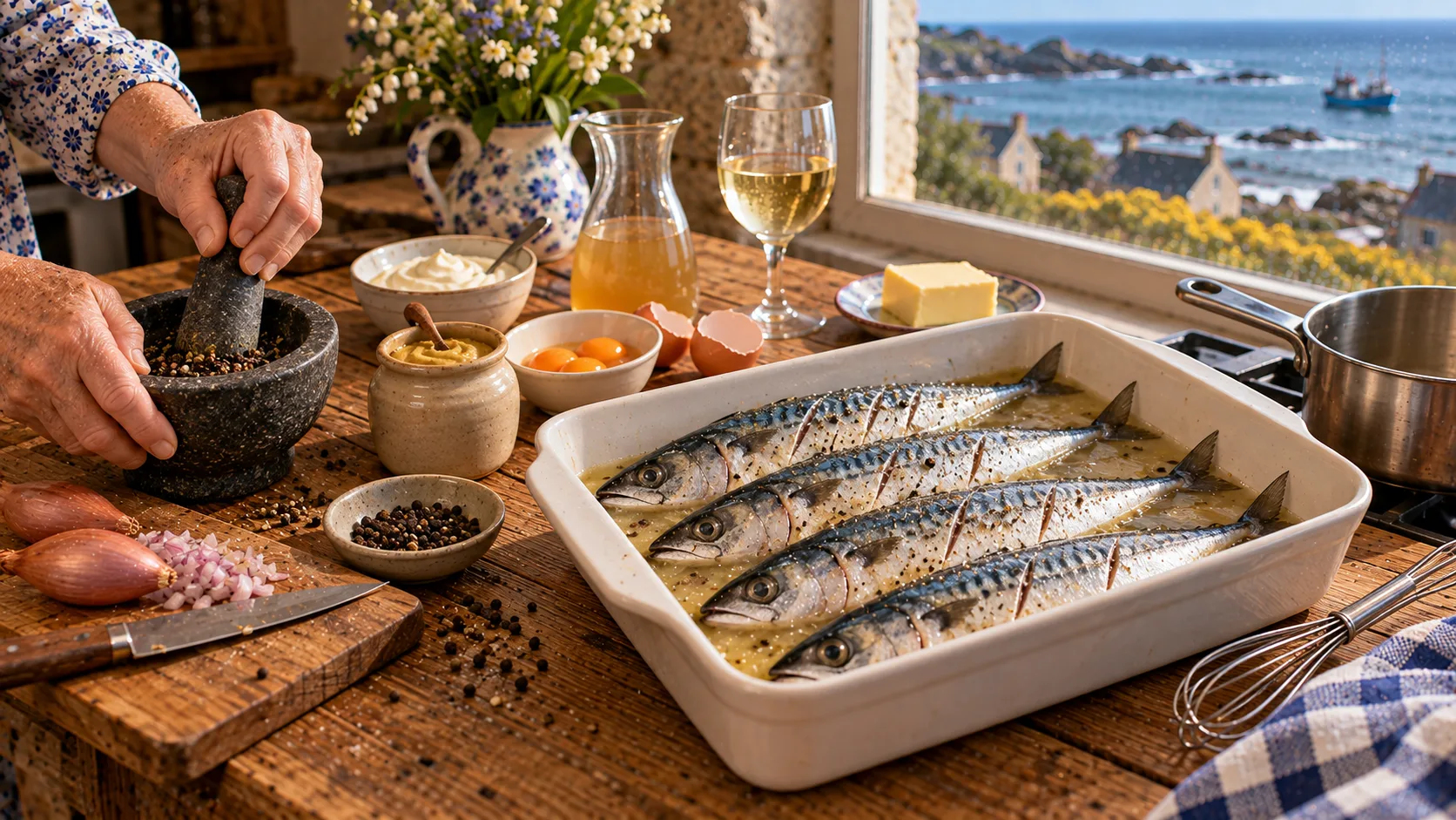 Mains concassant du poivre noir au mortier près d'un plat à four de quatre maquereaux entaillés dans un fond de bouillon, échalote hachée, moutarde, crème, jaunes d'œufs, beurre et vin blanc