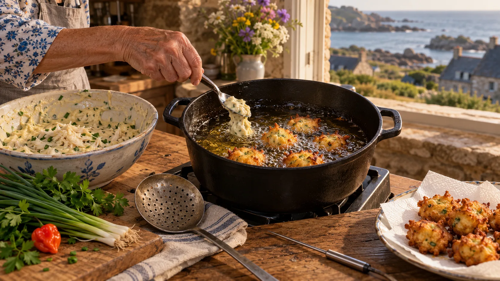 Main faisant glisser une cuillerée de pâte dans une cocotte en fonte où dorent de petits acras, saladier de pâte à la morue et à la cive, écumoire, cive, persil, piment et acras égouttés sur du papier