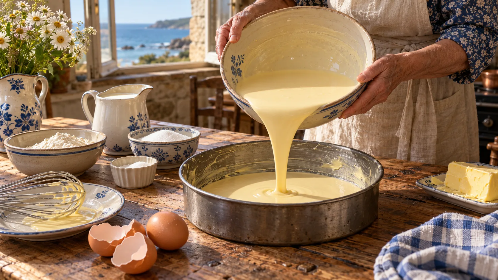 Mains versant une pâte à flan lisse et jaune pâle d'un saladier en faïence dans un moule rond en métal beurré, bol de farine, sucre, œufs, pichet de lait et beurre sur une table en bois