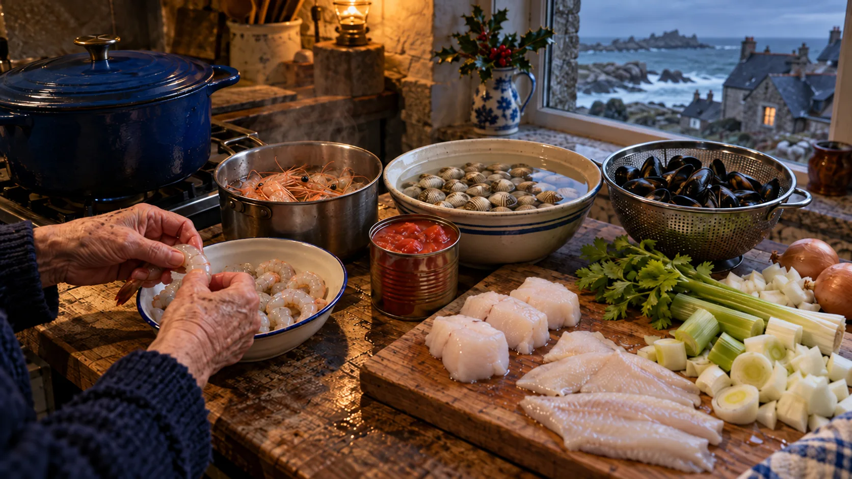 Mains décortiquant des crevettes au-dessus d'un bol, casserole de têtes et carapaces, coques qui dégorgent dans l'eau, moules en passoire, lotte et filets de limande sur une planche, poireau, céleri, oignons et tomates pelées