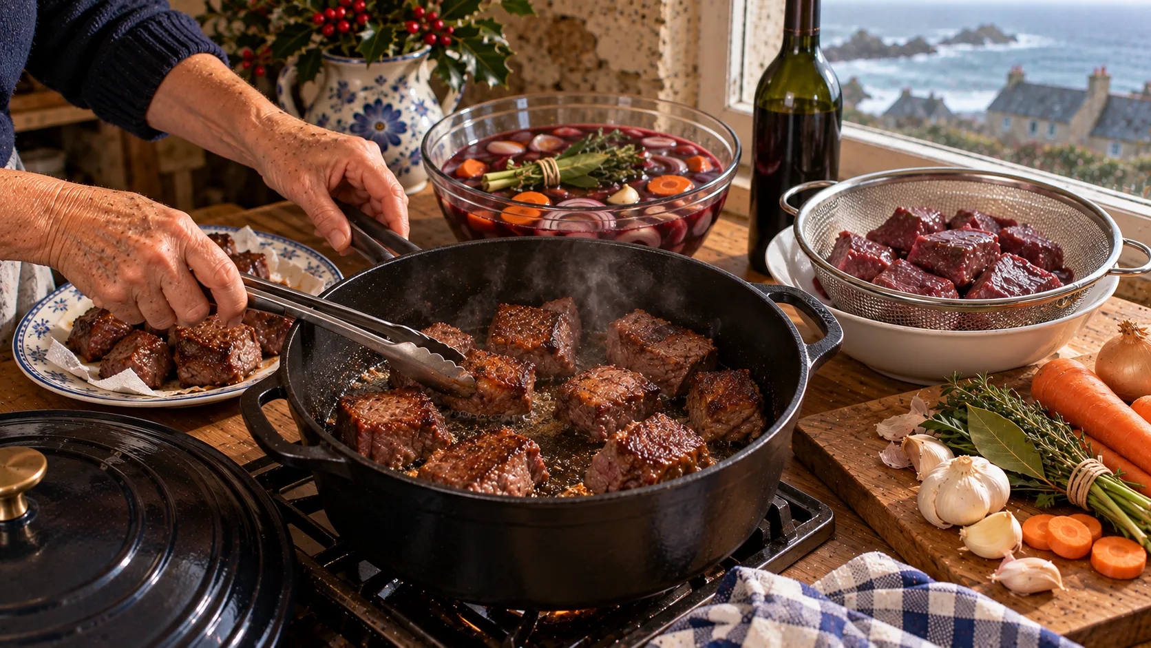 Mains rissolant à la pince de gros cubes de paleron dans une cocotte en fonte, saladier de marinade au vin rouge avec bouquet garni, carottes et oignons, cubes crus égouttés dans une passoire, cubes rissolés sur une assiette