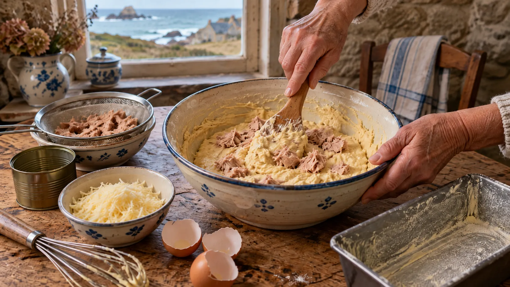 Mains incorporant à la spatule en bois du thon émietté dans une pâte à cake jaune pâle, saladier en faïence, passoire de thon égoutté, bol de gruyère râpé, coquilles d'œufs et moule à cake beurré et fariné
