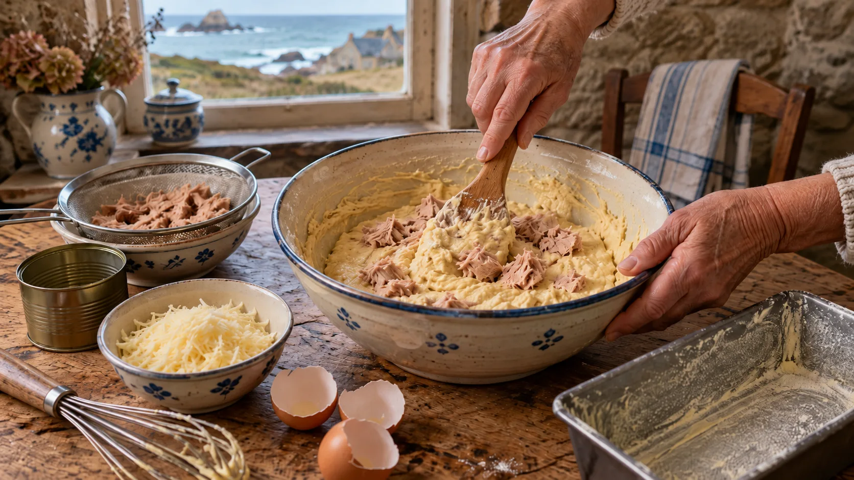 Mains incorporant à la spatule en bois du thon émietté dans une pâte à cake jaune pâle, saladier en faïence, passoire de thon égoutté, bol de gruyère râpé, coquilles d'œufs et moule à cake beurré et fariné