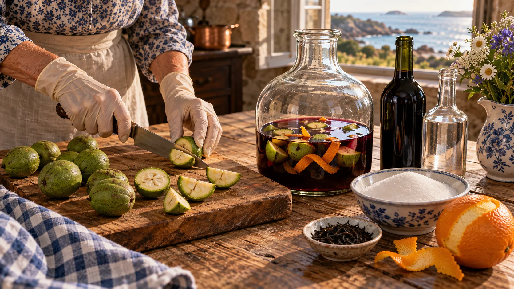 Mains gantées coupant des noix vertes en quartiers sur une planche, bonbonne en verre de vin rouge où macèrent quartiers de noix et rubans d'écorce d'orange, bouteilles sans étiquette, sucre, thé noir et orange sur une table en bois
