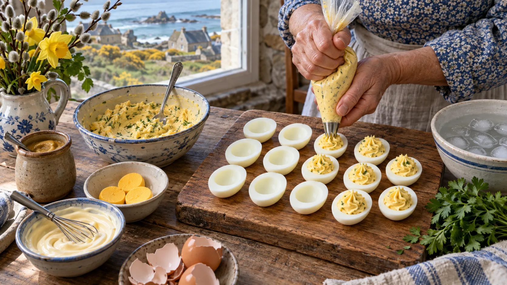 Mains garnissant à la poche cannelée douze demi-blancs d'œufs durs sur une planche, bol de jaunes écrasés, trois demi-jaunes réservés, mayonnaise maison, moutarde et eau glacée