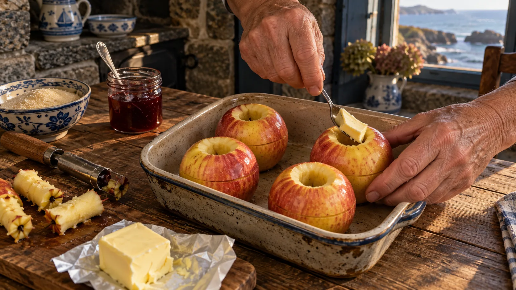 Main glissant à la cuillère un morceau de beurre dans le cœur d'une pomme évidée, quatre pommes entières incisées à mi-hauteur dans un plat en grès, vide-pomme, bol de sucre, pot de gelée rouge et trognons sur la table