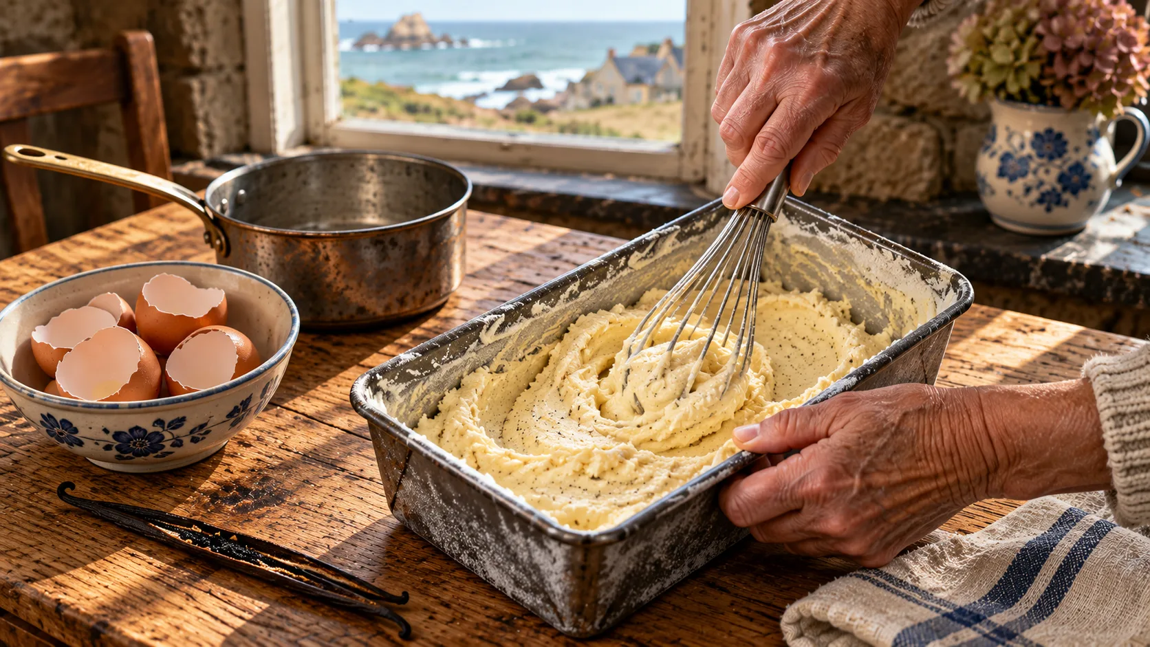 Mains battant au fouet une glace à la vanille à moitié prise dans un moule en métal givré, bol de coquilles d'œufs, casserole et gousse de vanille sur la table