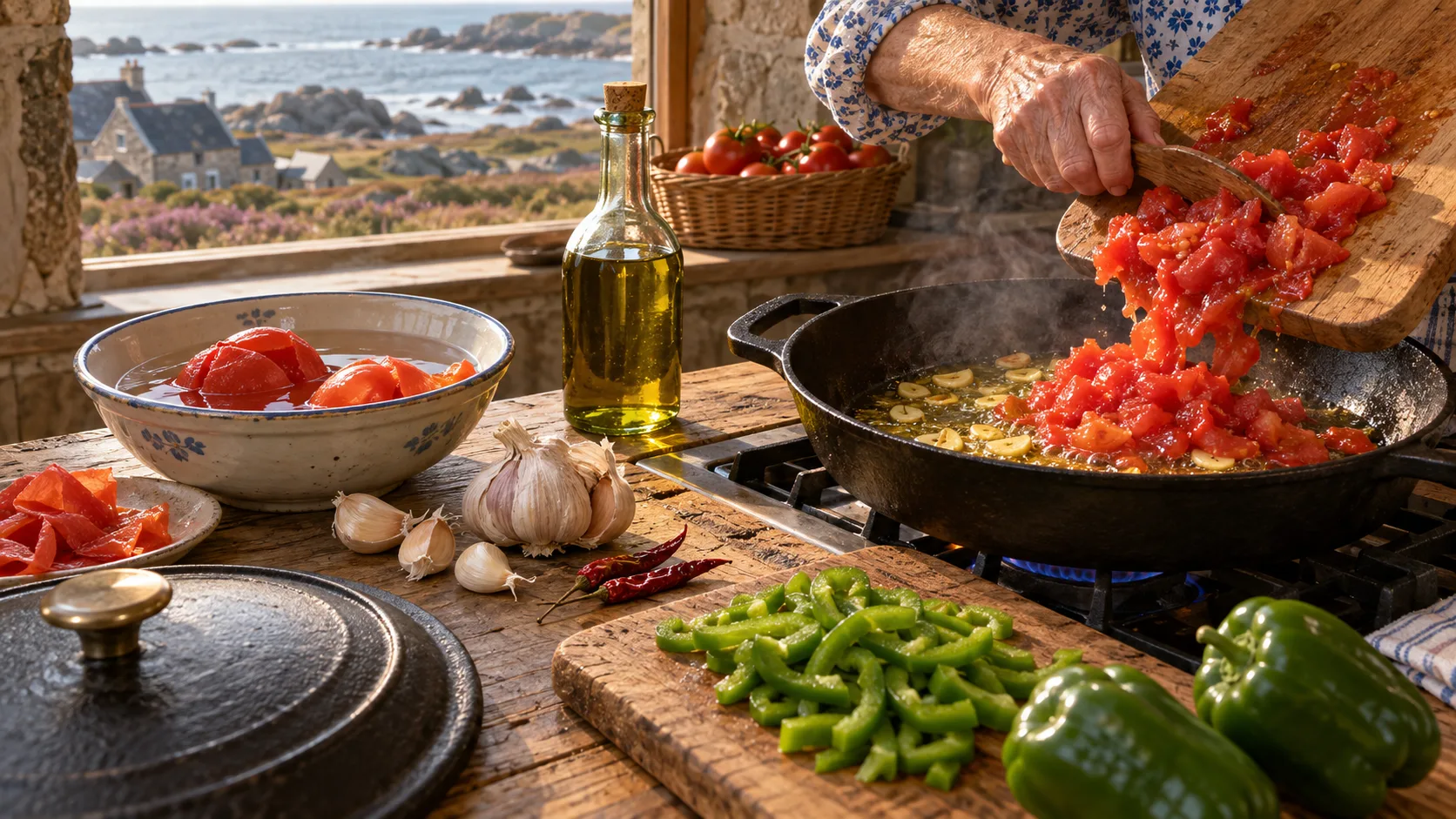 Main versant des tomates pelées concassées dans une sauteuse où l'ail roussit dans l'huile, lamelles de poivron vert sur une planche, piments de Cayenne secs, tomates dans l'eau froide et peaux retirées