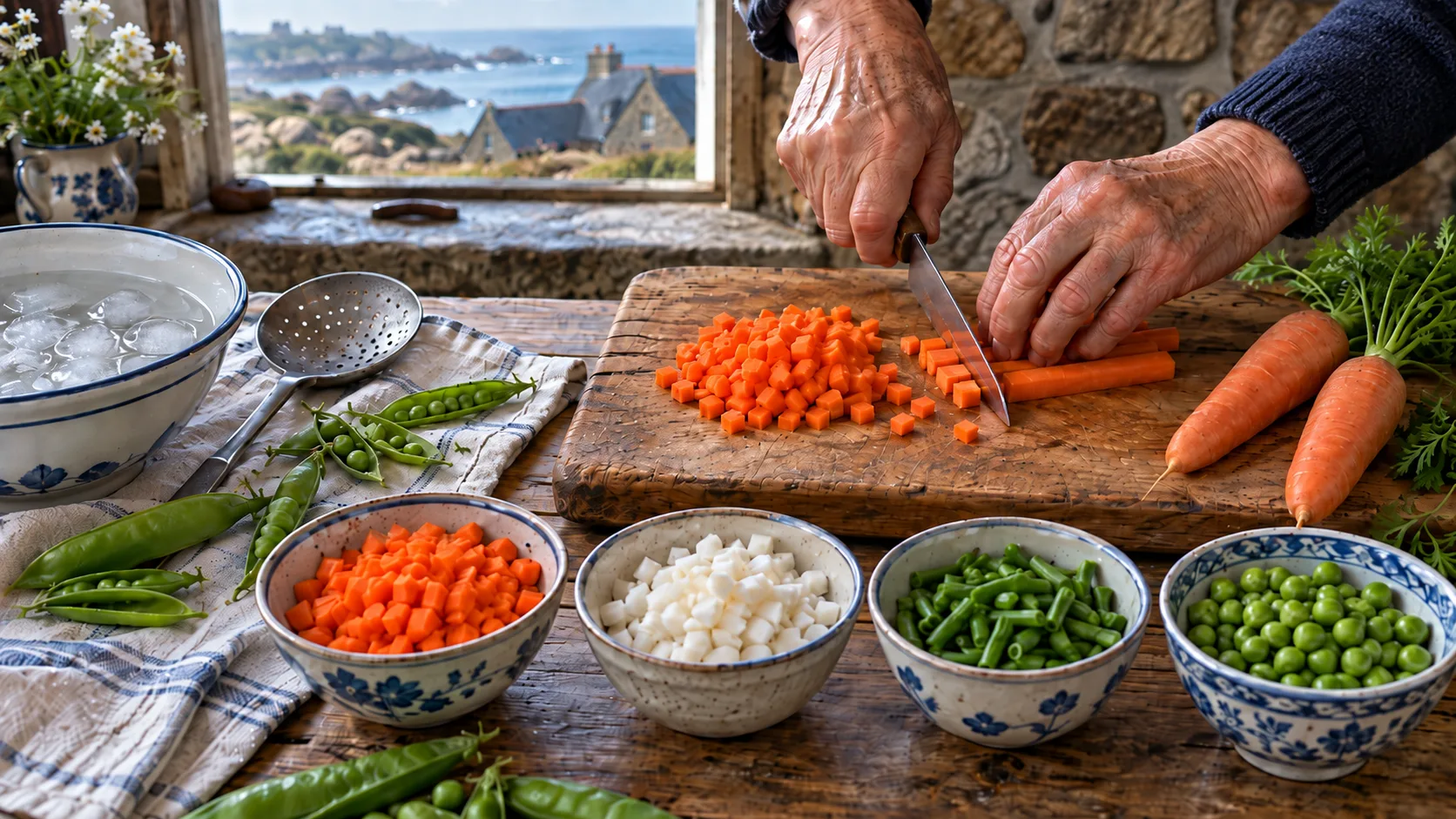 Mains taillant des bâtonnets de carotte en petits dés sur une planche, bols séparés de dés de carotte, de dés de navet, de tronçons de haricots verts et de petits pois, saladier d'eau glacée et écumoire