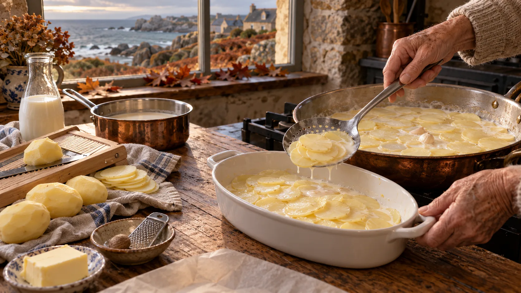 Mains transvasant à l'écumoire des rondelles de pommes de terre précuites dans le lait et la crème vers un plat à gratin beurré, mandoline, pommes de terre épluchées, lait, muscade et beurre sur une table en bois